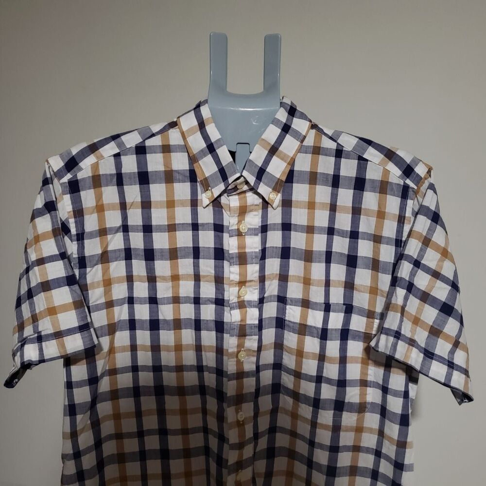 Gitman Bros. Est. 1978 Men's L Blue and Tan Plaid Short Sleeve Button-Down Shirt